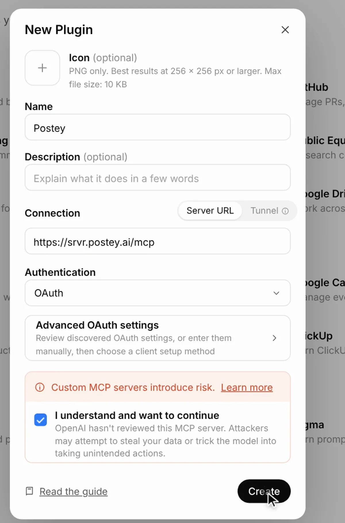 ChatGPT’s New Plugin form with the name Postey, the Postey server address, OAuth sign-in and the risk notice ticked.