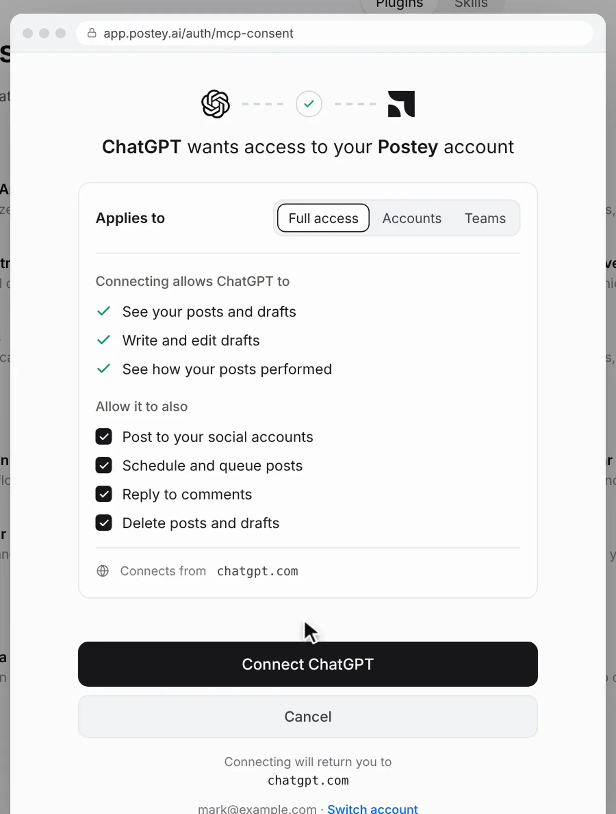 Postey’s consent screen: ChatGPT wants access to your Postey account, with the allowed actions ticked and a Connect ChatGPT button.