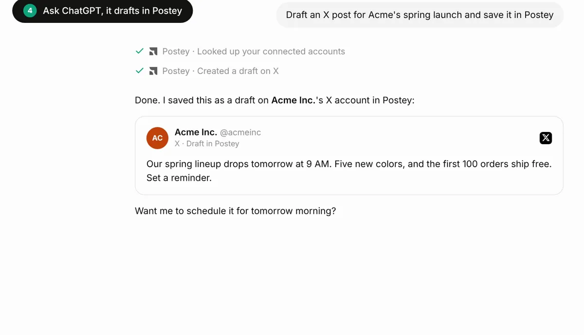 In ChatGPT, a request for an X post. ChatGPT calls Postey, shows the saved X draft and offers to schedule it.