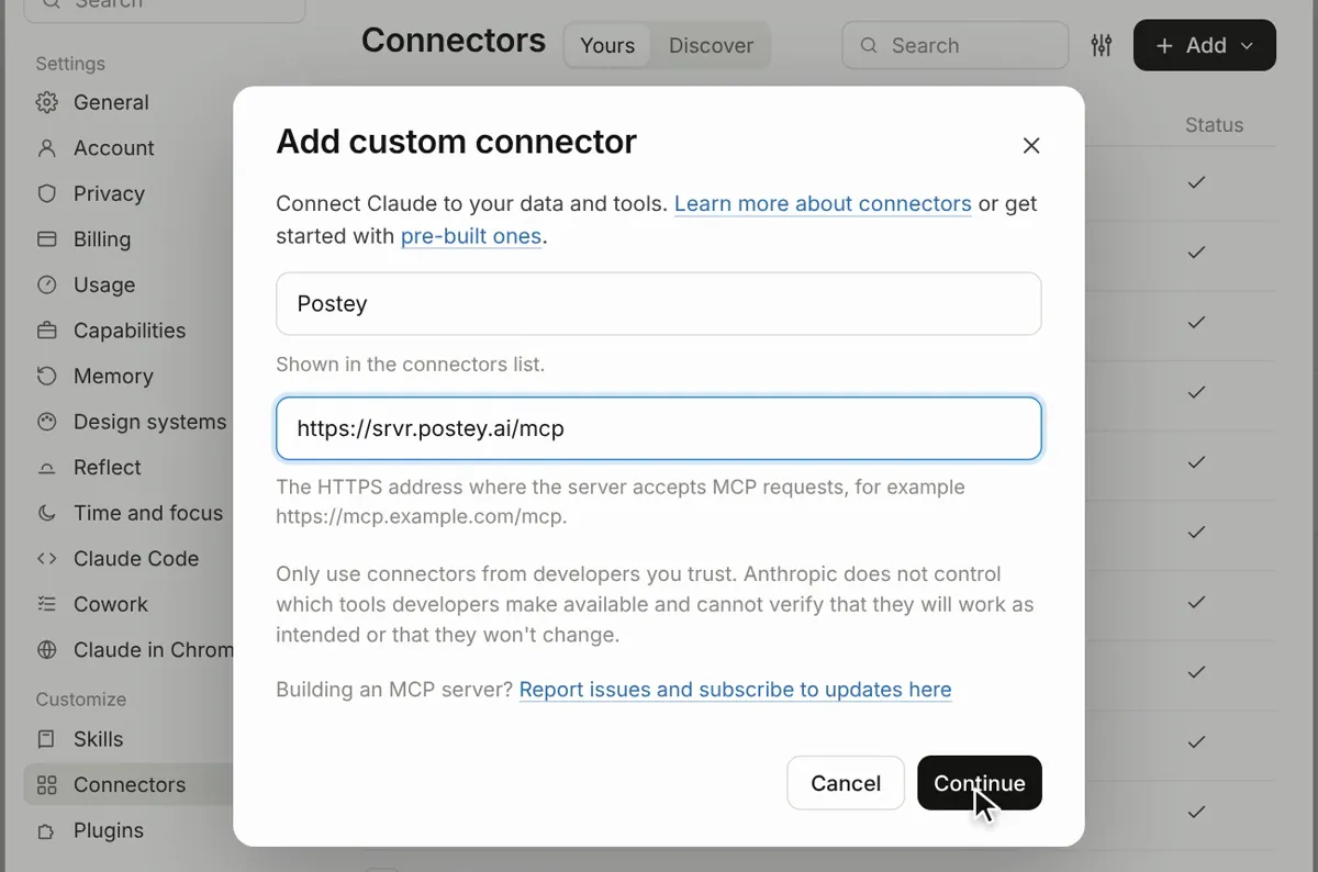 Claude’s Add custom connector dialog with the name Postey and the Postey server address filled in.