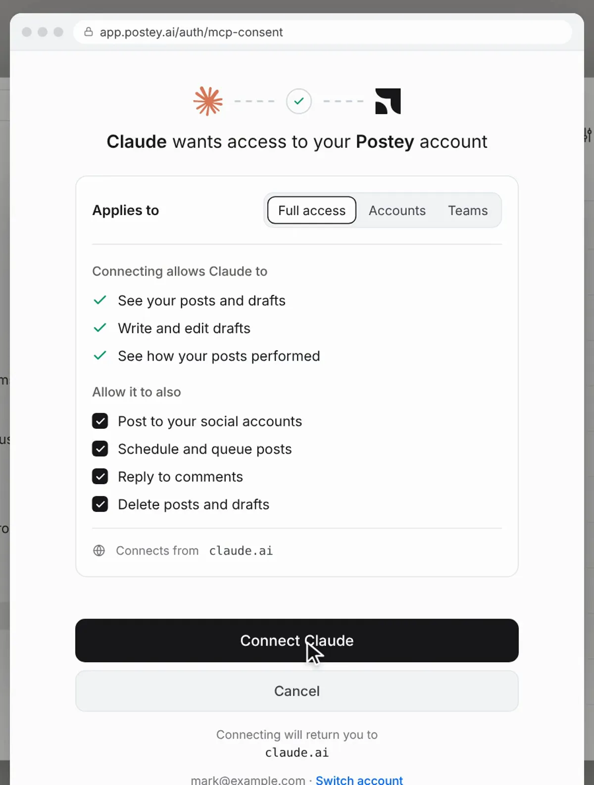 Postey’s consent screen: Claude wants access to your Postey account, with the allowed actions ticked and a Connect Claude button.