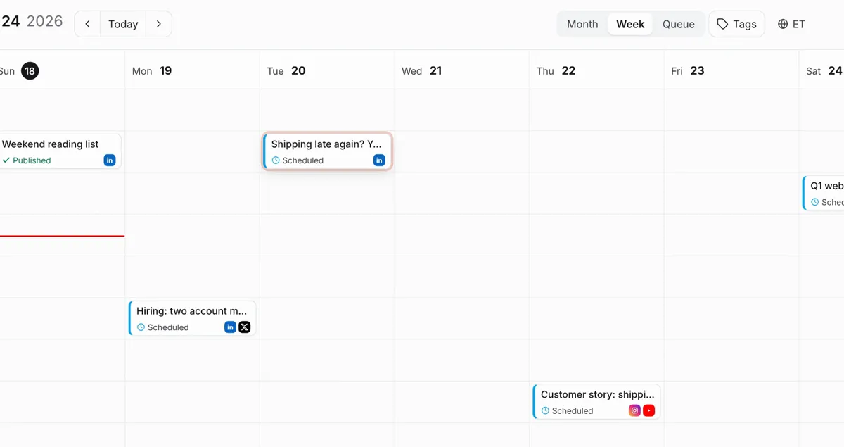 The Postey calendar for the week, with the new LinkedIn post scheduled on Tuesday at 9 AM.